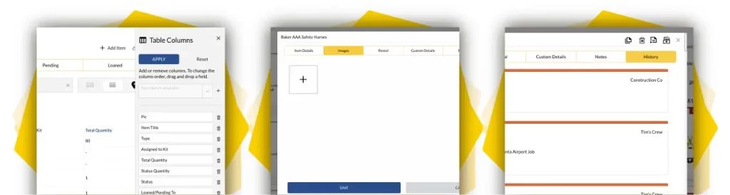 ShareMyToolbox new web portal showing table columns, image add options, and item history view. 